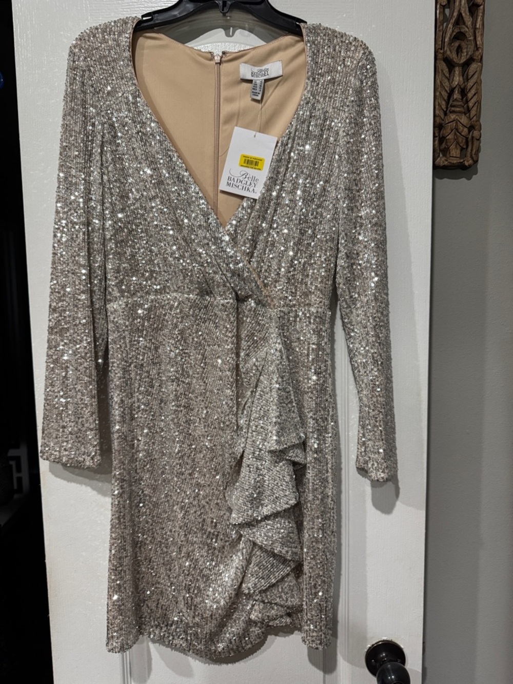 Badgley Mischka Silver Sequin Evening Dress with Nude Lining